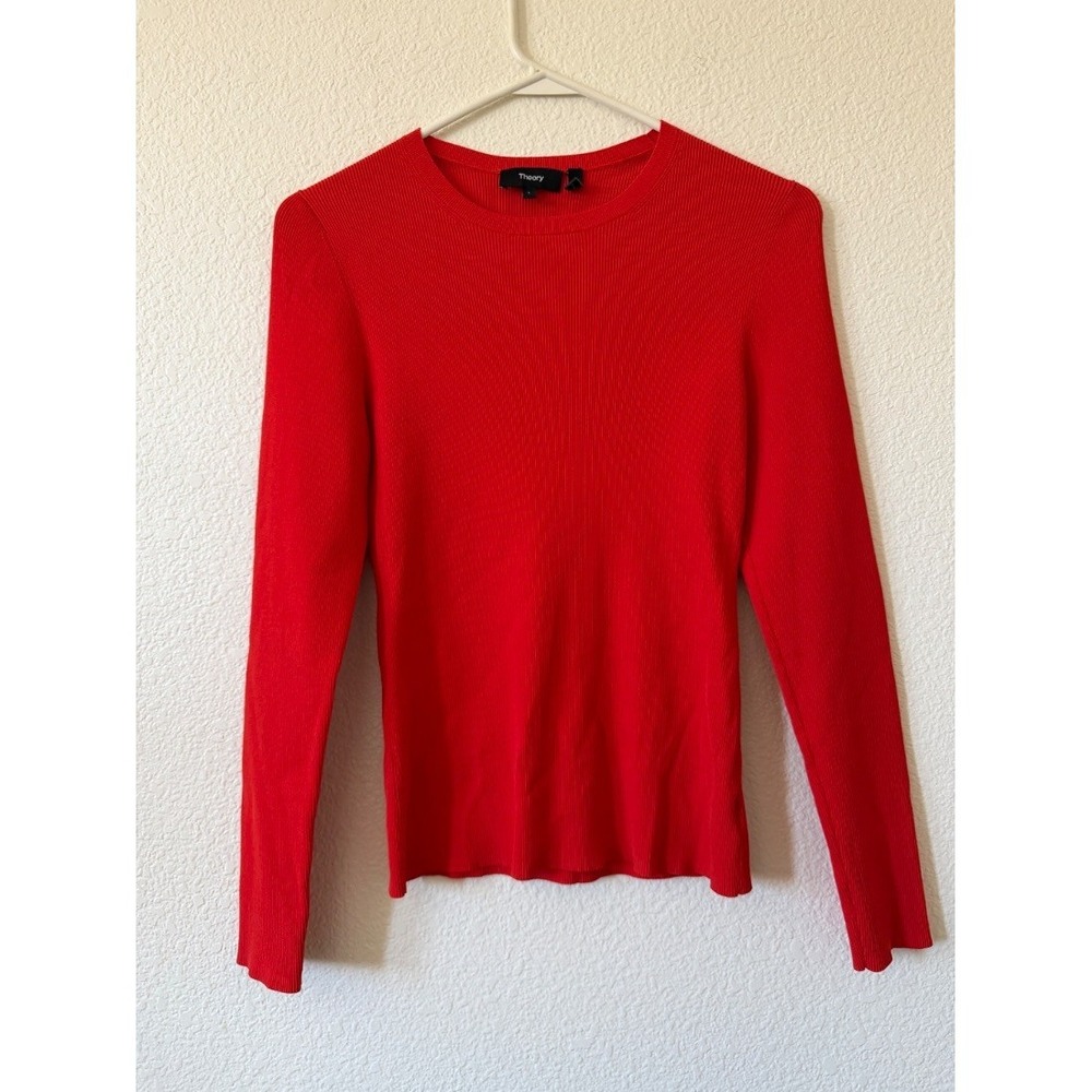 Theoryβ Womens Red Ribbed Knit Long Sleeve Crewneck Fitted Sweater Top L - Picture 2 of 16